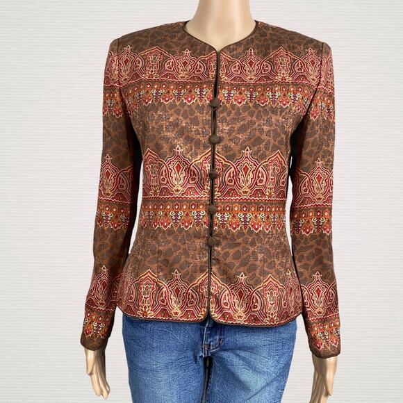 Vintage Adrianna Papell Brown Floral Mandarin Style Blazer Jacket SZ 4 Silk - Picture 1 of 8